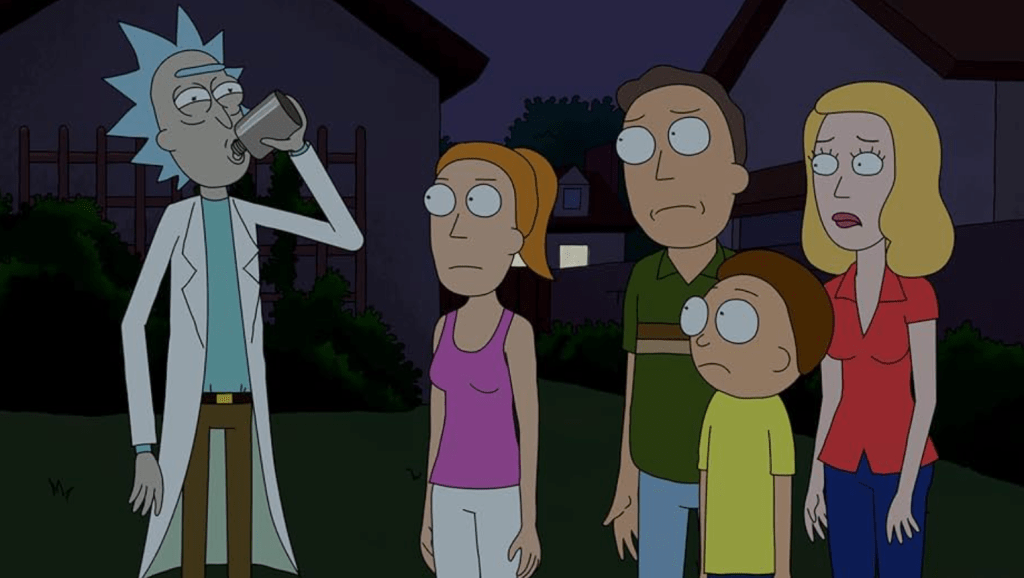 Smith family (Beth, Jerry, Summer, Morty) and Rick